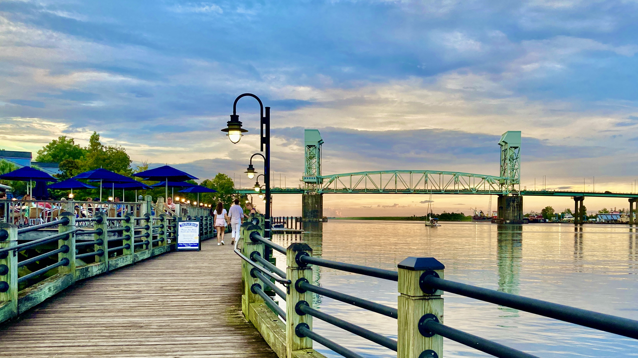 Cape Fear Memorial Bridge at sunset, Wilmington Riverwalk